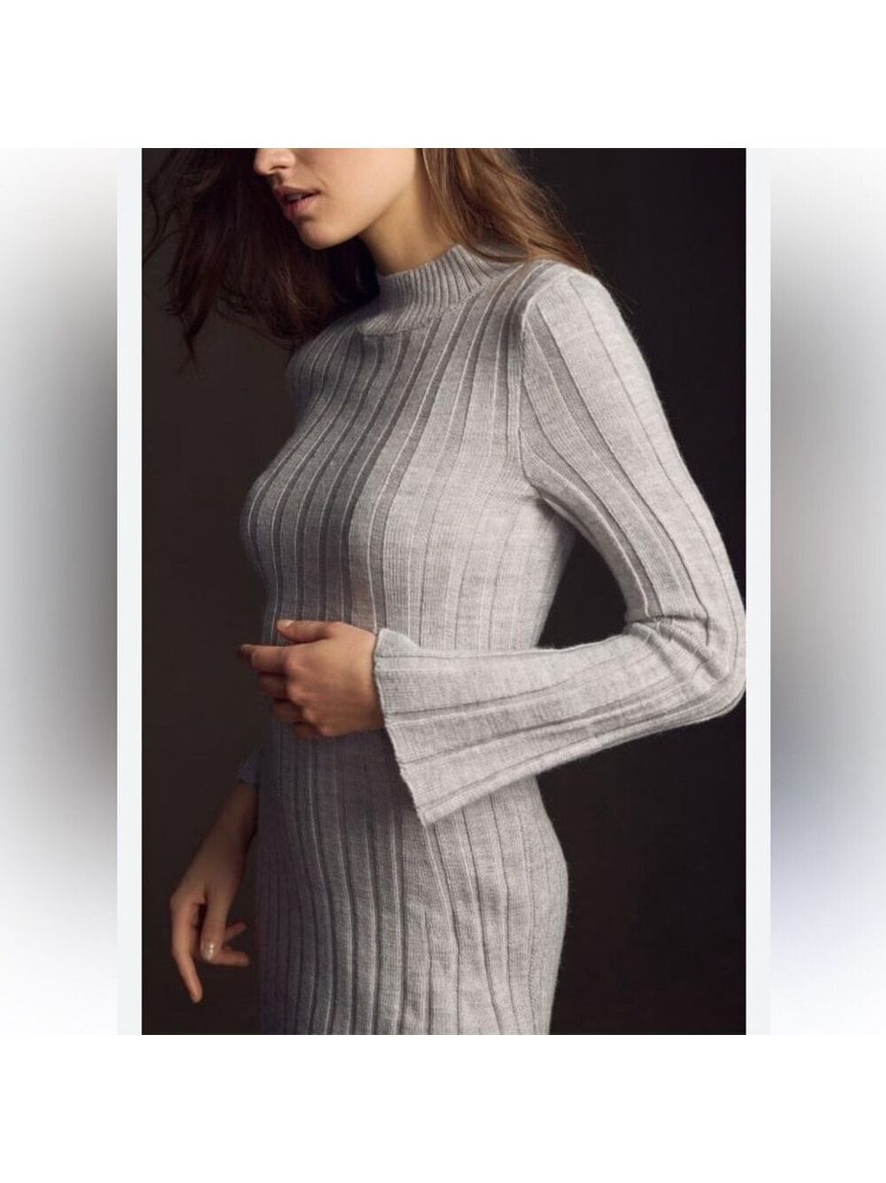 ANTHROPOLOGIE NEW long sleeve A-line sweater dress ribbed knit grey size large